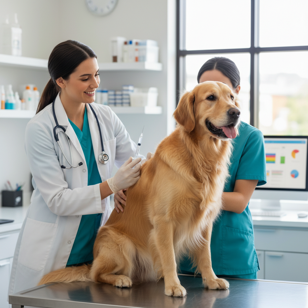 Veterinário aplicando vacina em um cachorro Golden Retriever com alt text: Veterinário aplicando vacinas para cães de reforço anual