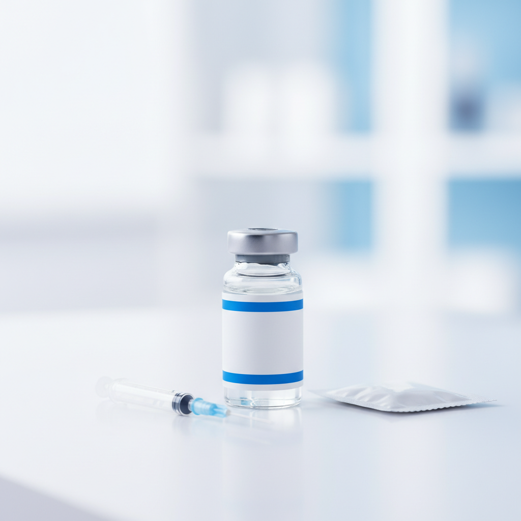 Frasco de vacina canina sobre mesa branca com alt text: Frasco de vacina polivalente V10 essencial para vacinas para cães